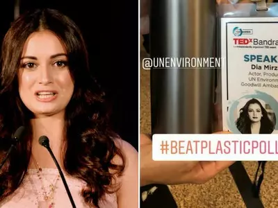 A picture of Dia Mirza rooting for beat the plastic campaign.