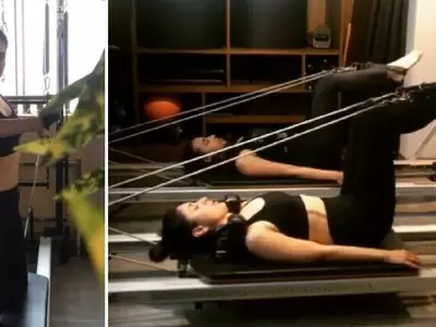 A picture of Kareena Kapoor Khan doing pilates.
