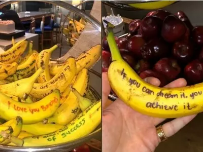 banana, banana wisdom, hotel writes inspirational messages on bananas, hampton inn austin