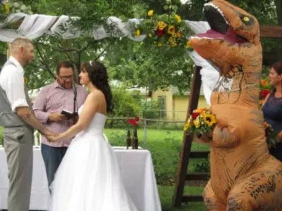 Maid of Honour, at sister's wedding, wears T-rex costume after she says wear what you want to.