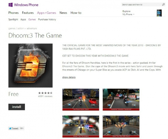DHOOM 3 on Windows App Store