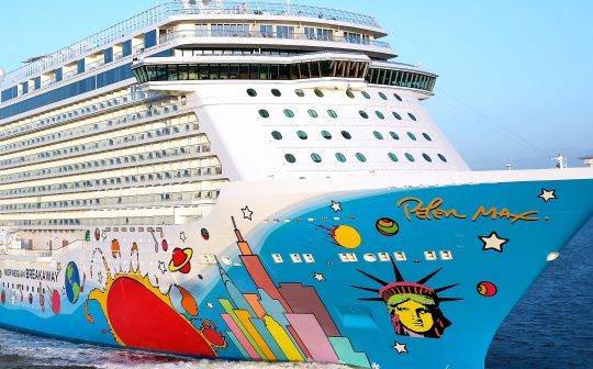 the Breakaway, a new ship from Norwegian Cruise Line, sports a colorful mural of the city New York City skyline by pop artist Peter Max