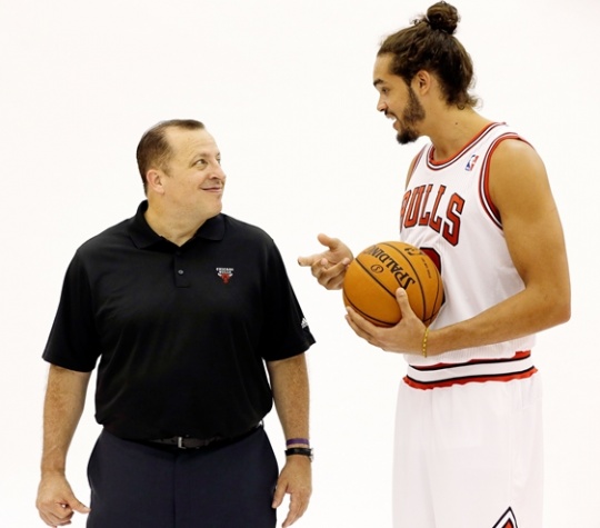 Chicago Bulls coach Tom Thibodeau and Joakim Noah