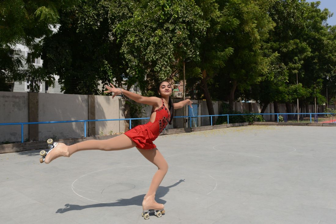 Mishri Utkarsha Parikh, 14, practices her figure staking techniques on rollerskates 
