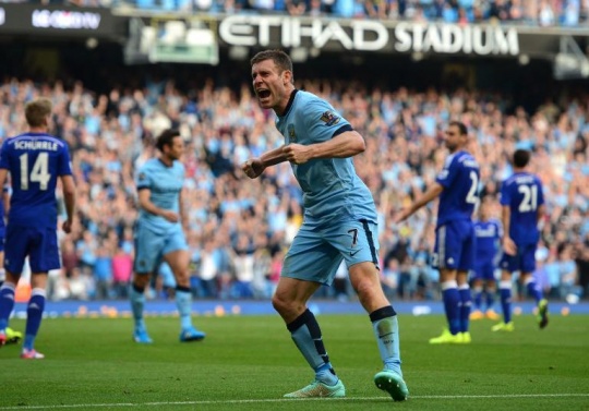 Manchester City's midfielder James Milner celebrates after Frank Lampard scores their equalizing goal against Chelsea