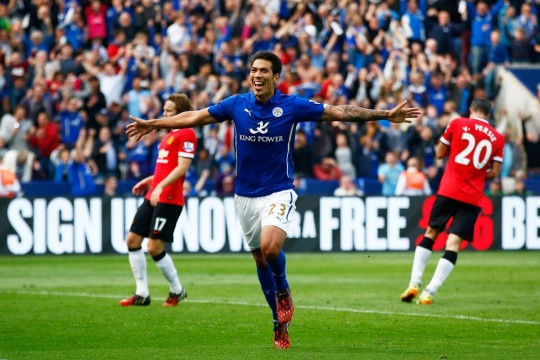 Leonardo Ulloa of Leicester City scores his team's fifth goal