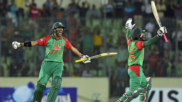 Soumya Sarkar and Mushfiqur Rahim celebrate after hitting winning runs