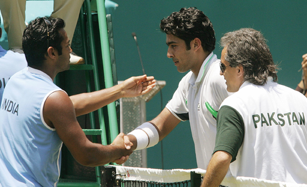 Leander Paes greets Aisam Qureshi of Pakistan during a Davis Cup match