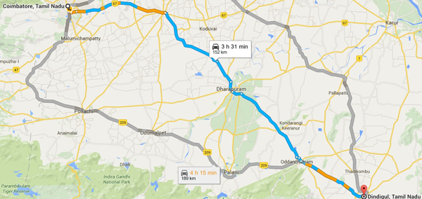 Map of the three hour drive from Dindigul to Coimbatore