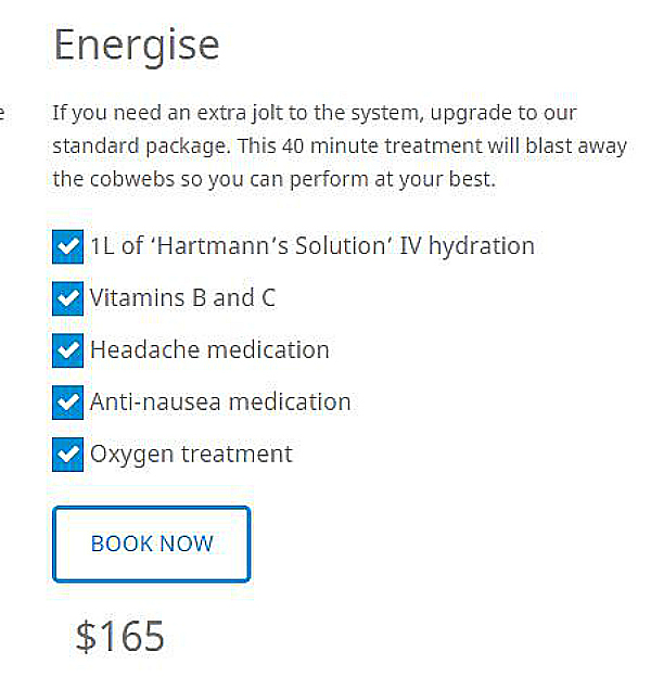 energise package hangover clinic