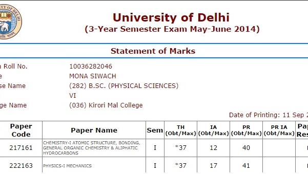 Delhi university marksheet