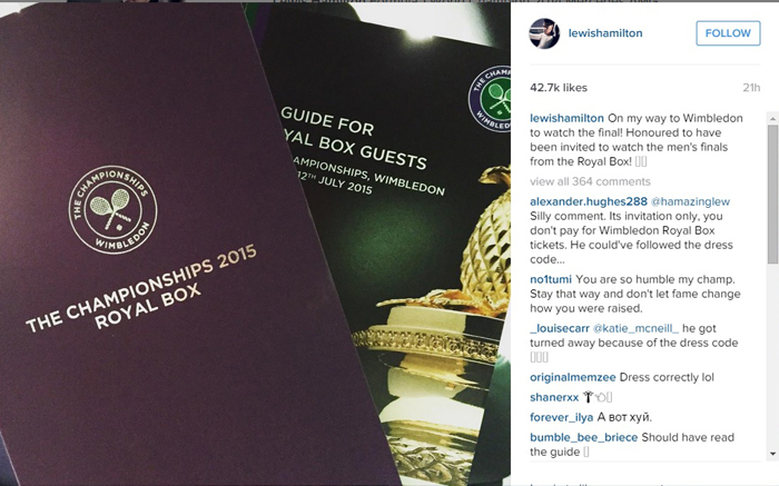 Lewis Hamilton displayed his invite to the royal box for the final on Sunday.
