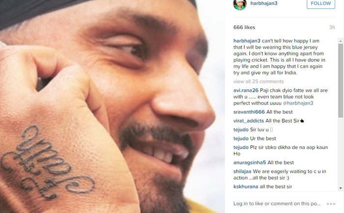 Harbhajan Singh has tattooed the word faith on his right bowling arm after his ODI selection for the Zimbabwe series