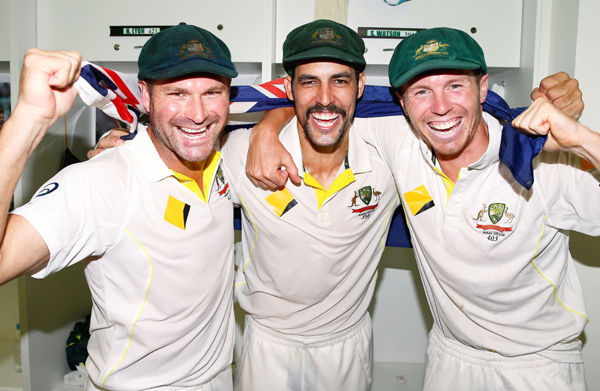 Ryan Harris with Mitchell Johnson and Peter Siddle