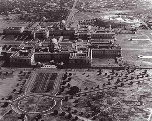 Aerial view of the Indian Parliament with North and South Blocks