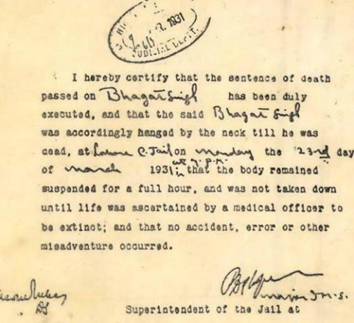 Bhagat Singh's death certificate