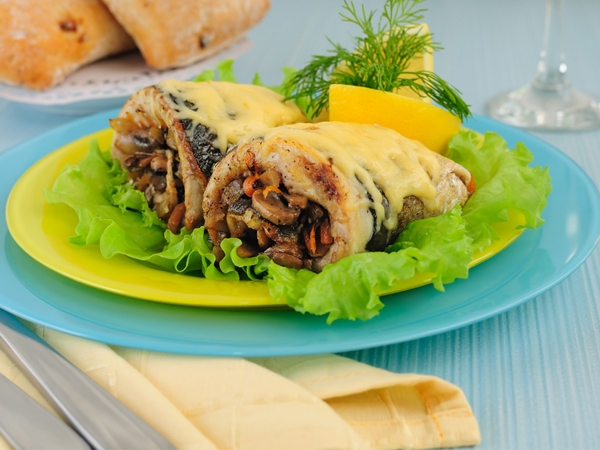Baked Mushroom Rolls With Tomato And White Sauce Recipe