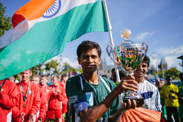 Indian team with the fifth division title at the Homeless World Cup in Amsterdam