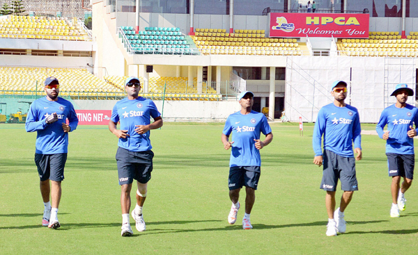 Indian players practicing at the HPCA stadium in Dharamsala