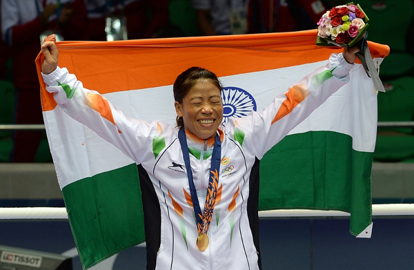 Mary Kom celebrating her gold at 2014 Asian Games