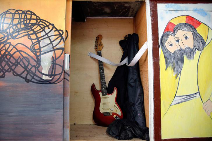 A guitar is placed inside a closet at the chapel of Quezon City Jail 