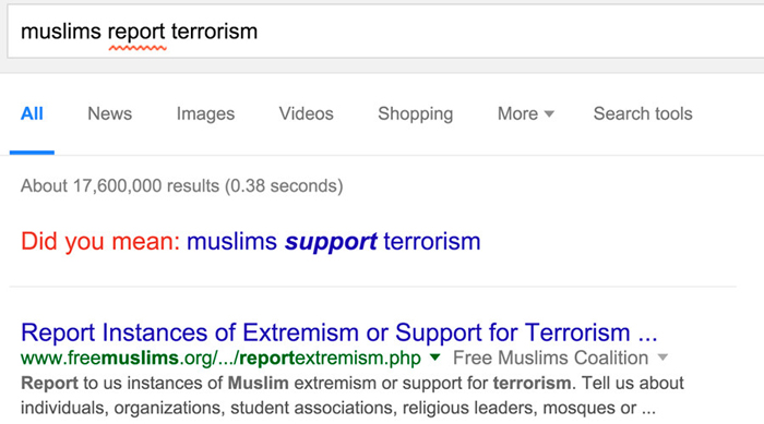 Muslims Support Terrorism, Google Accidentally Says
