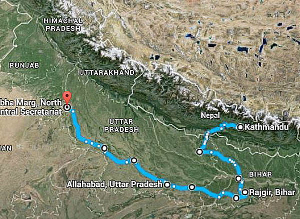 map nepal to delhi via UP and Bihar