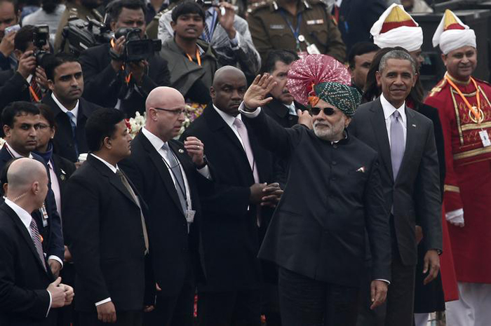 PM Modi with US President Barack Obama during Republic Day parade on Rajpath in New Delhi.