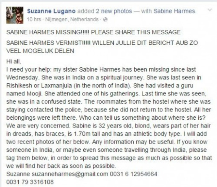Sabine Harmes missing message on FB