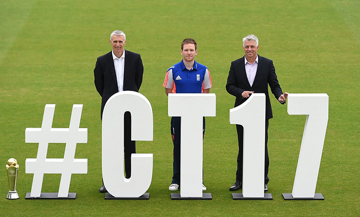 Steve Elworthy, Eoin Morgan, and David Richardson during the Champions Trophy 2017 launch