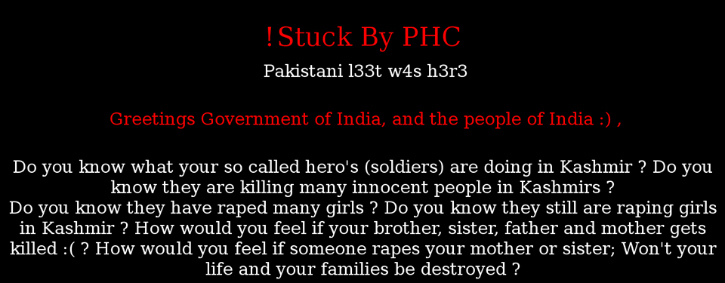 The message posted to the defaced websites by PHC