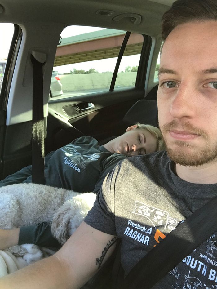 Husband Takes Selfies Of His Wife Sleeping During Every Road Trip