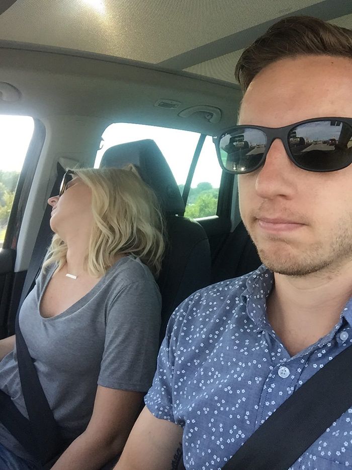 Husband Takes Selfies Of His Wife Sleeping During Every Road Trip 