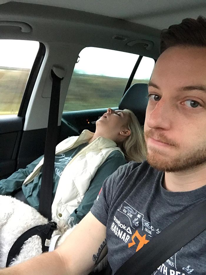 Husband Takes Selfies Of His Wife Sleeping During Every Road Trip 