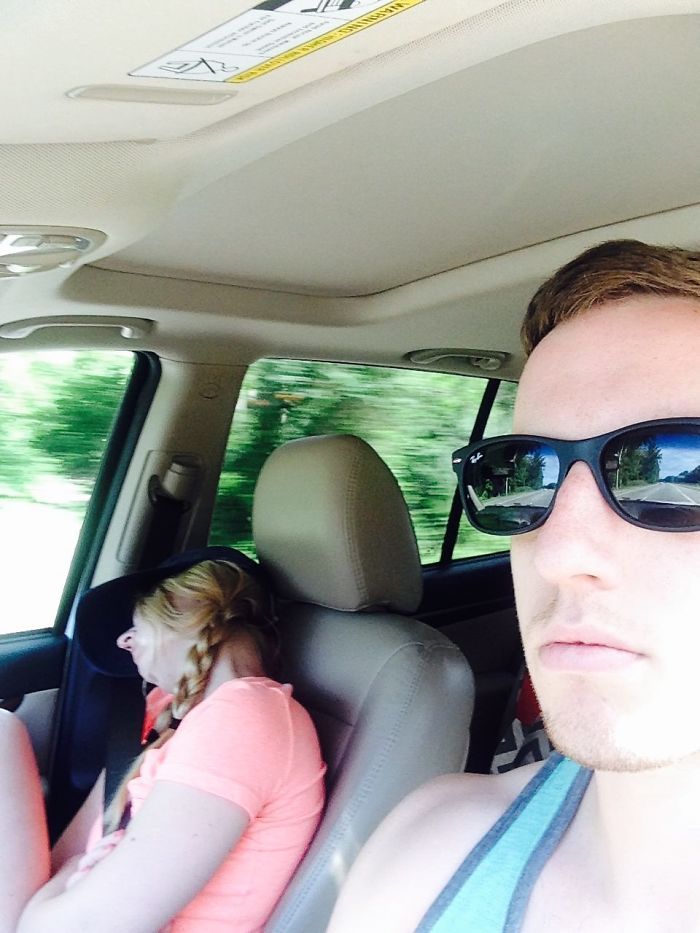 Husband Takes Selfies Of His Wife Sleeping During Every Road Trip 