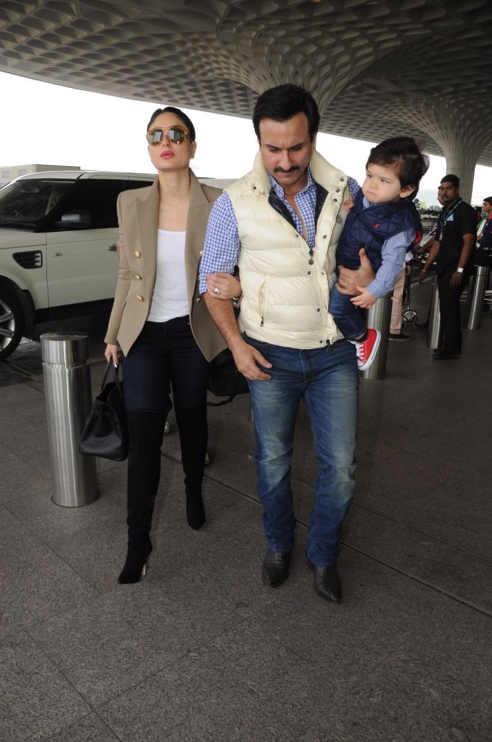 Taimur Ali Khan with Saif Ali Khan and Kareena Kapoor at the airport.