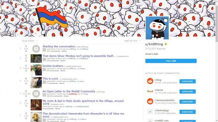 The alpha testing profile page of Reddit co-founder Alexis Ohanian
