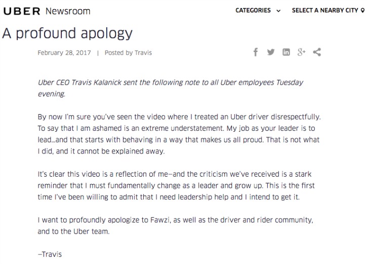 Uber CEO apologizes for bad behaviour
