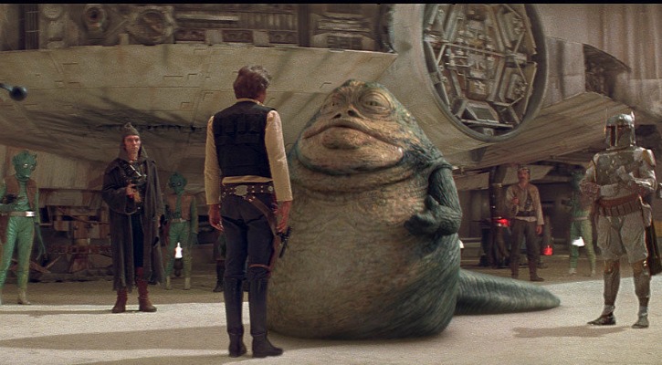 Jabba confronts Han Solo near the Millenium Falcon