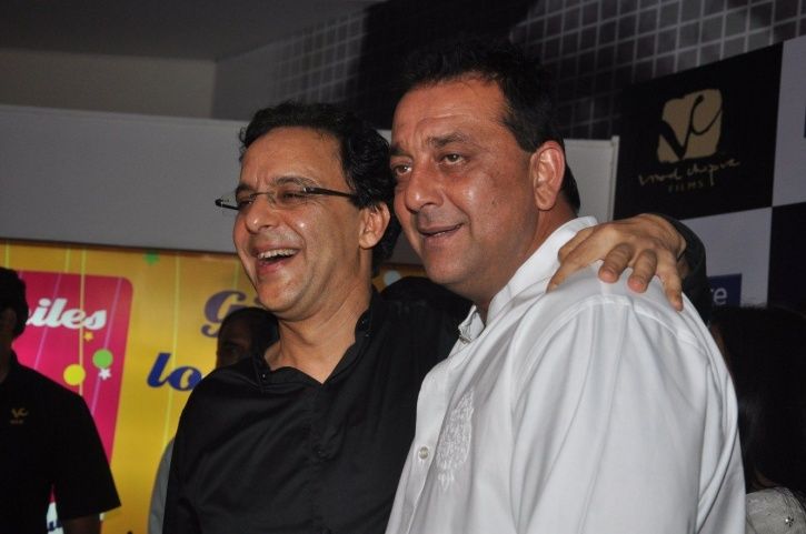 A picture of Vidhu Vinod Chopra  and Sanjay Dutt at the launch of Sanju.