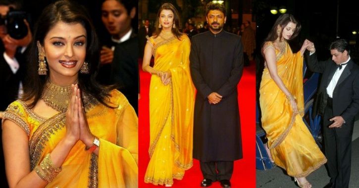 A picture of Aishwarya Rai Bachchan wearing a mustard saree from Cannes Film Festival 2002.