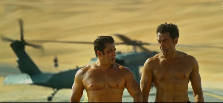 A picture of Salman Khan and bobby Deol from Race 3 trailer. 