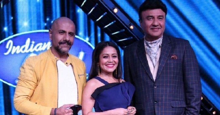 A picture of Anu Malik, Vishal Dadlani and Neha Kakkar from the sets of Indian Idol 10.