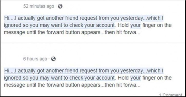Facebook, clone, users, accounts, chain message, hoax, security breach, hackers