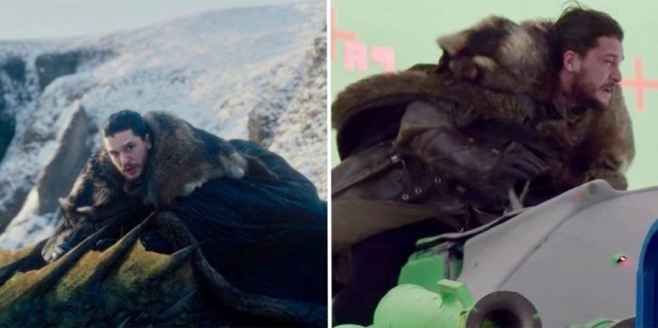Kit Harington behind-the-scenes footage of riding a drogon.