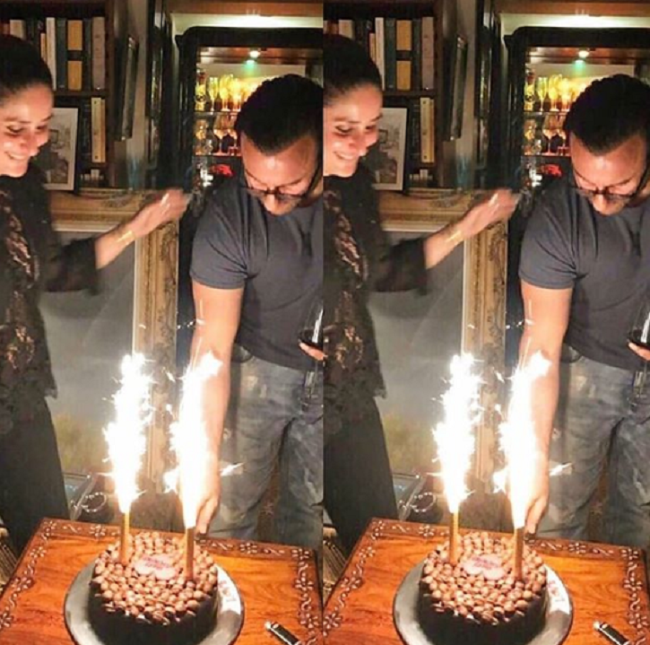 Saif and Kareena celebrate his birthday, cut cake with smiling faces.