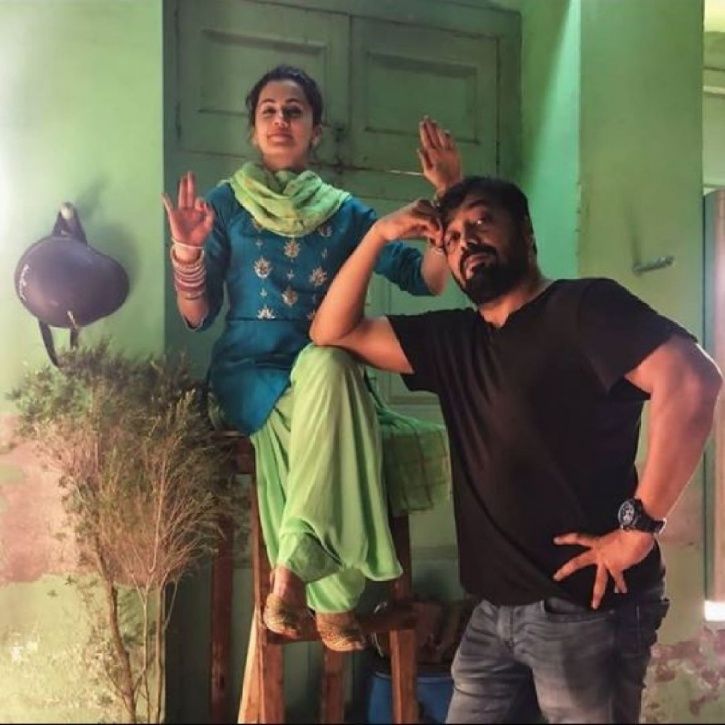 Anurag Kashyap and Taapsee Pannu in a goofy pose on the sets of Manmarziyaan.