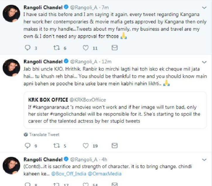 Rangoli Chandel tweets about Kangana Ranaut.