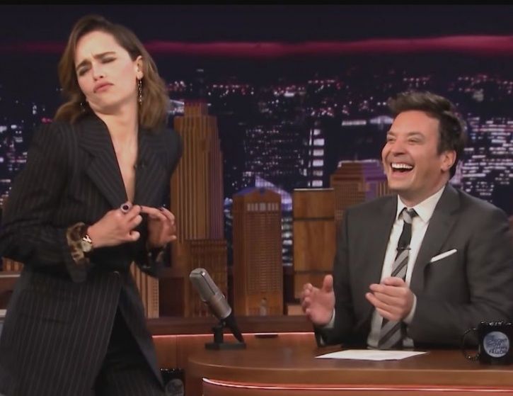 Emilia Clarke who appeared on the The Tonight Show with Jimmy Fallon and coffee mug.