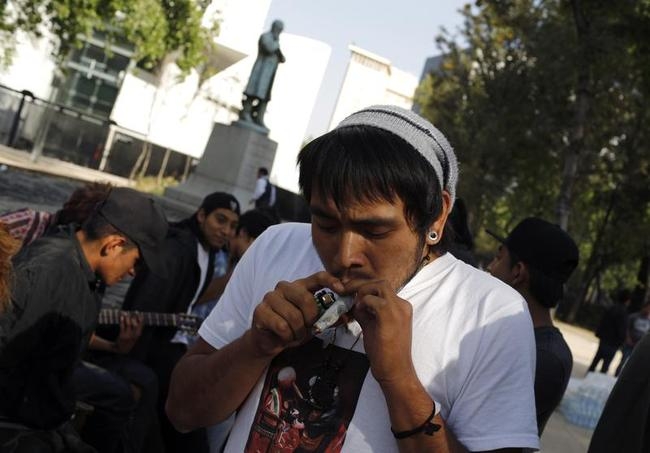 A man smokes marijuana during the 4th Marijuana Festival outside the Senate building in Mexico City